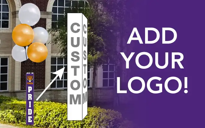 Reusable balloon cluster with custom pole cover sign. The image says "Add Your Logo!&rdquo;