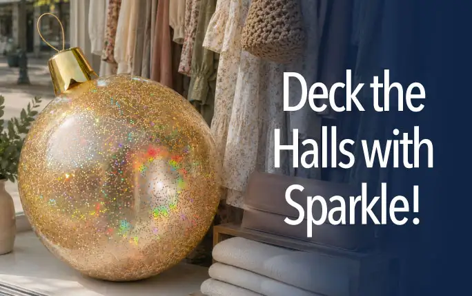 Oversized glitter inflatable ornaments in a window display. Deck the Halls with Sparkle!