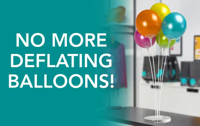 Colorful reusable tabletop on top of a boutique countertop. Image says, &ldquo;No more deflating!&rdquo;